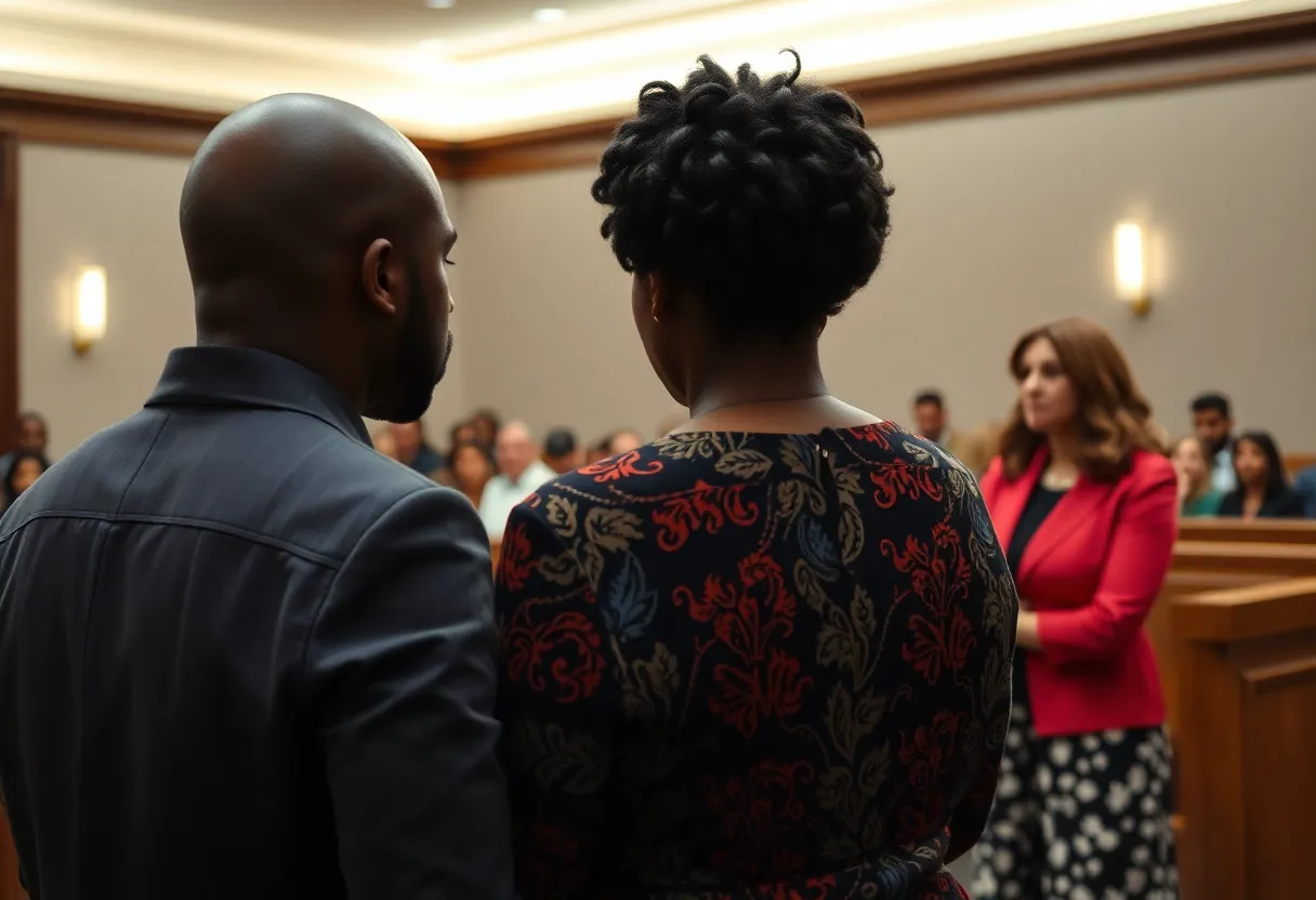 Emotional courtroom scene with a mother confronting a defendant.