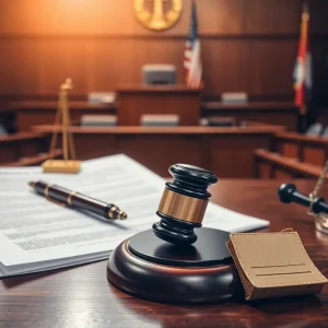 A courtroom with legal symbols and documents related to a civil lawsuit.