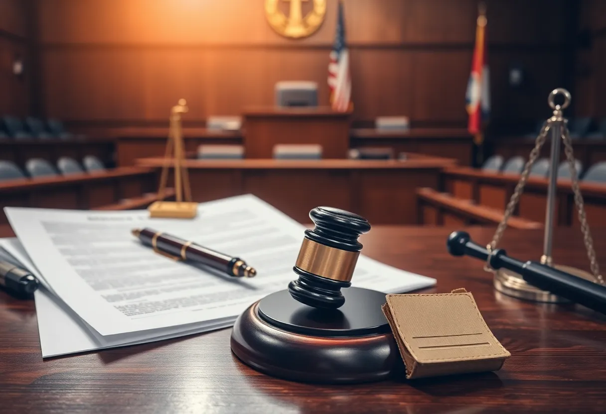 A courtroom with legal symbols and documents related to a civil lawsuit.
