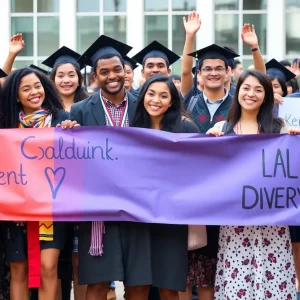 Students celebrating diversity at graduation with banners