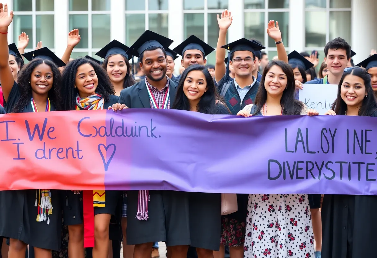 Students celebrating diversity at graduation with banners