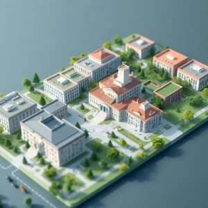 3D digital twin model illustrating university campus infrastructure