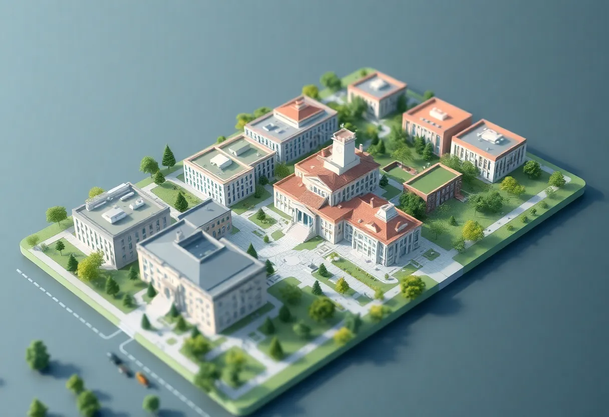 3D digital twin model illustrating university campus infrastructure