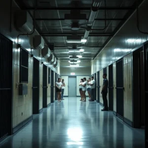 Interior view of a detention center depicting inmates and security features