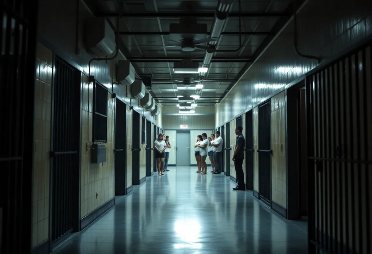 Interior view of a detention center depicting inmates and security features