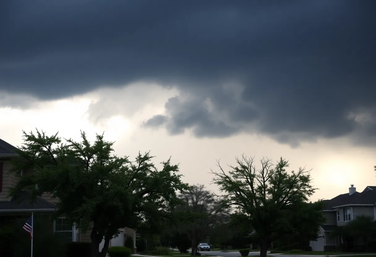 Dramatic severe weather scene in Fayette County with storm clouds and rain