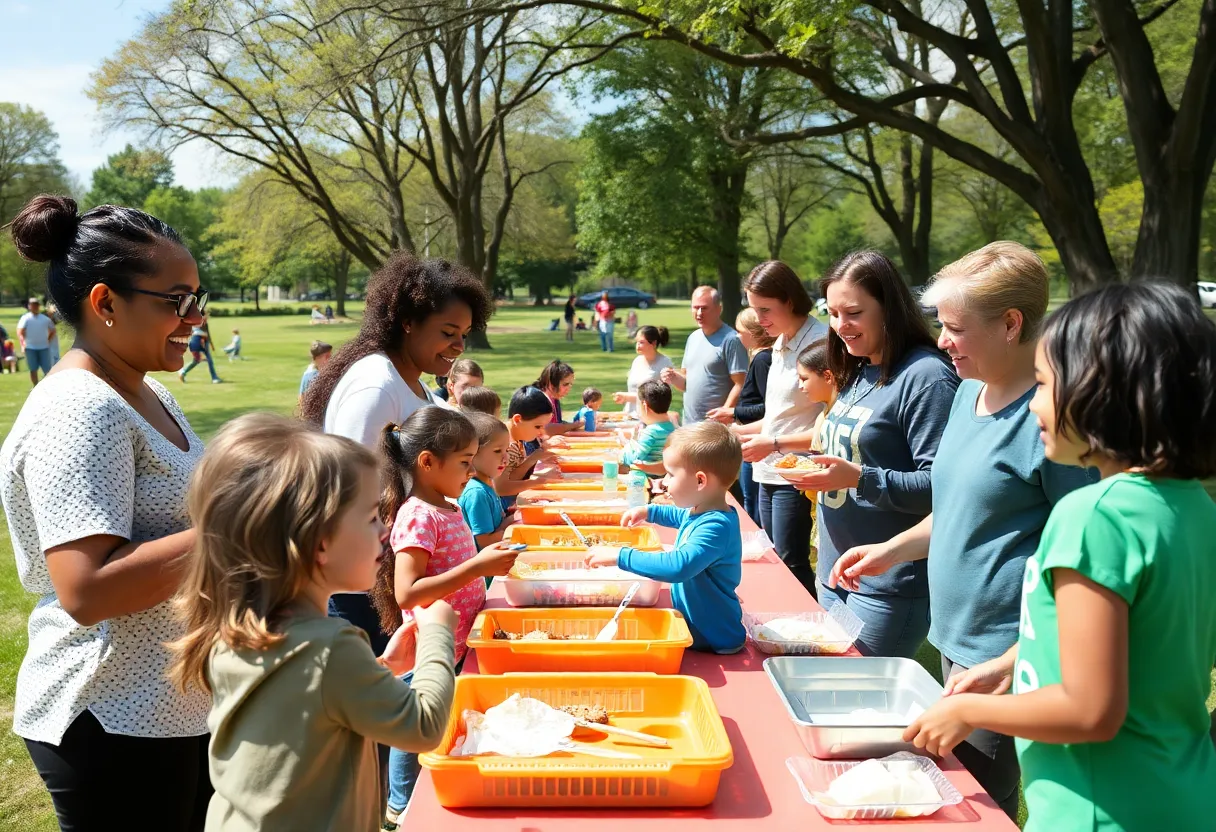 Volunteers distributing meals to children at a community event in Fayette County.