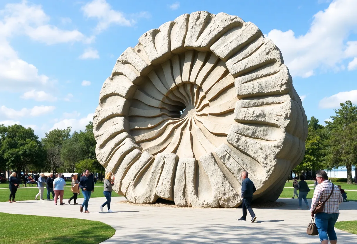 A large concrete sculpture named 'First Impressions' at Gatton Park.