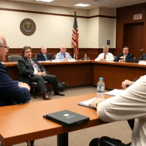 Local officials discussing emergency services funding during a community meeting.