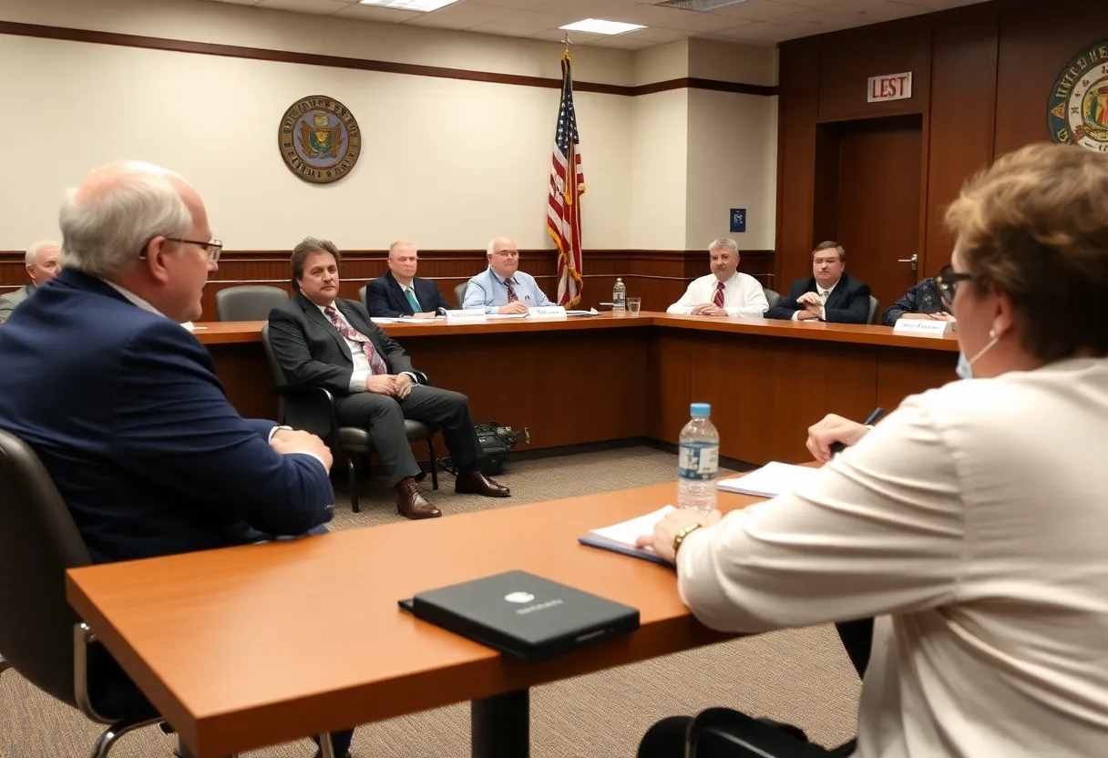 Local officials discussing emergency services funding during a community meeting.