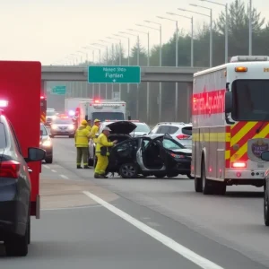 Emergency services responding to a serious accident on a busy road
