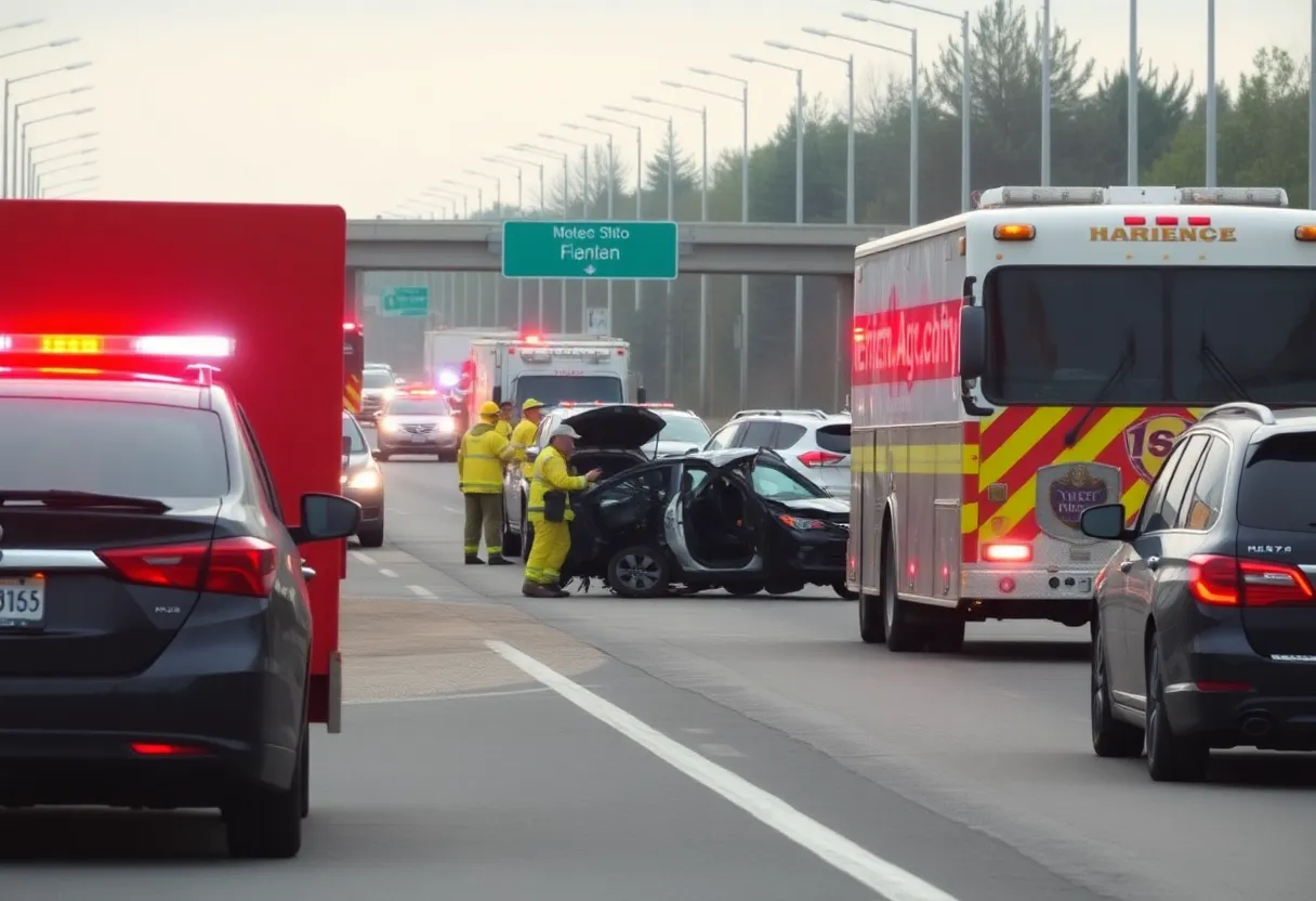 Emergency services responding to a serious accident on a busy road