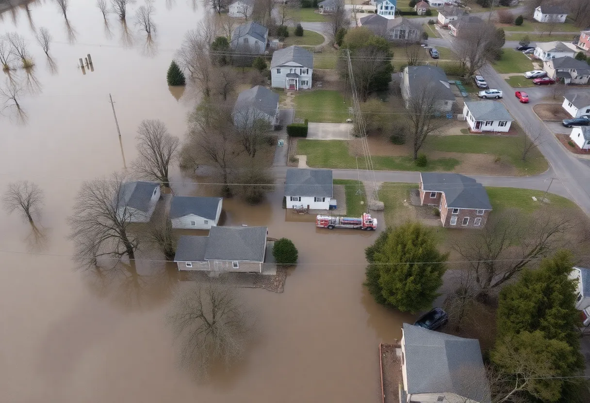 Aerial view of historic flooding in Woodford County, Kentucky, with submerged homes and emergency response efforts.