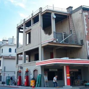 Renovation site revealing historic gas station elements