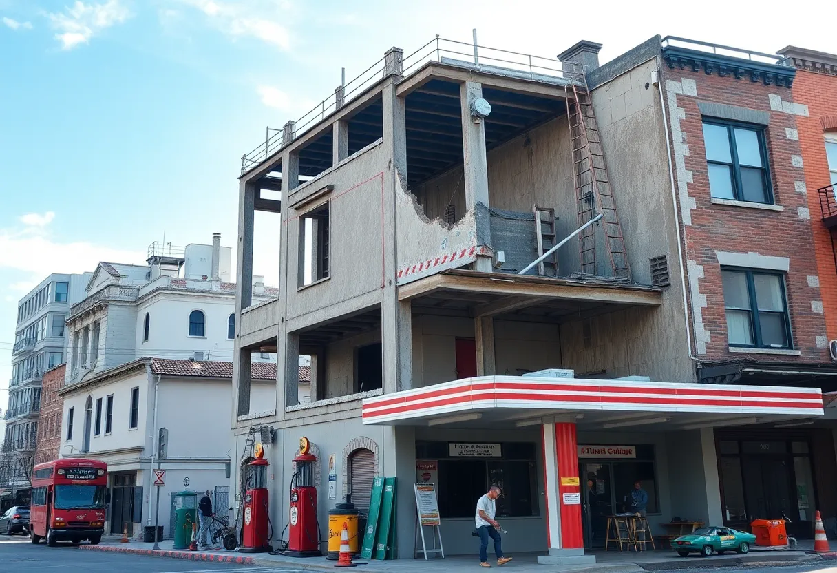Renovation site revealing historic gas station elements