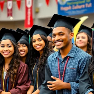 A diverse group of graduates celebrating at an inclusive graduation ceremony.