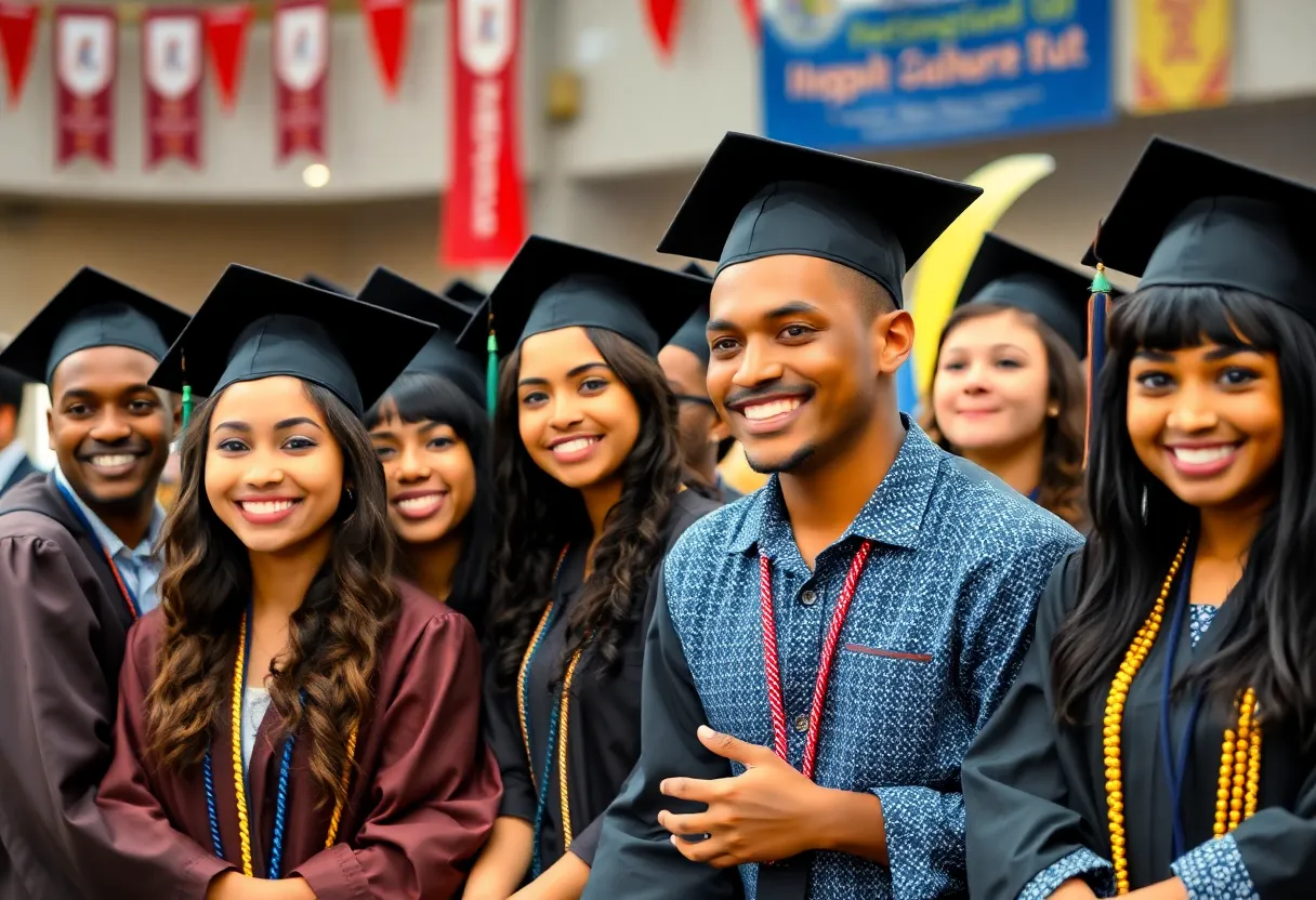 A diverse group of graduates celebrating at an inclusive graduation ceremony.