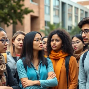 Diverse group of international students discussing concerns on campus