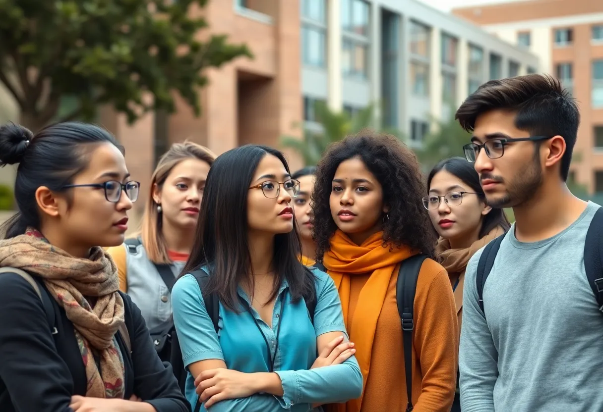 Diverse group of international students discussing concerns on campus