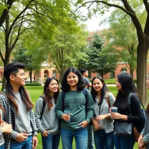 Diverse group of international students discussing on campus