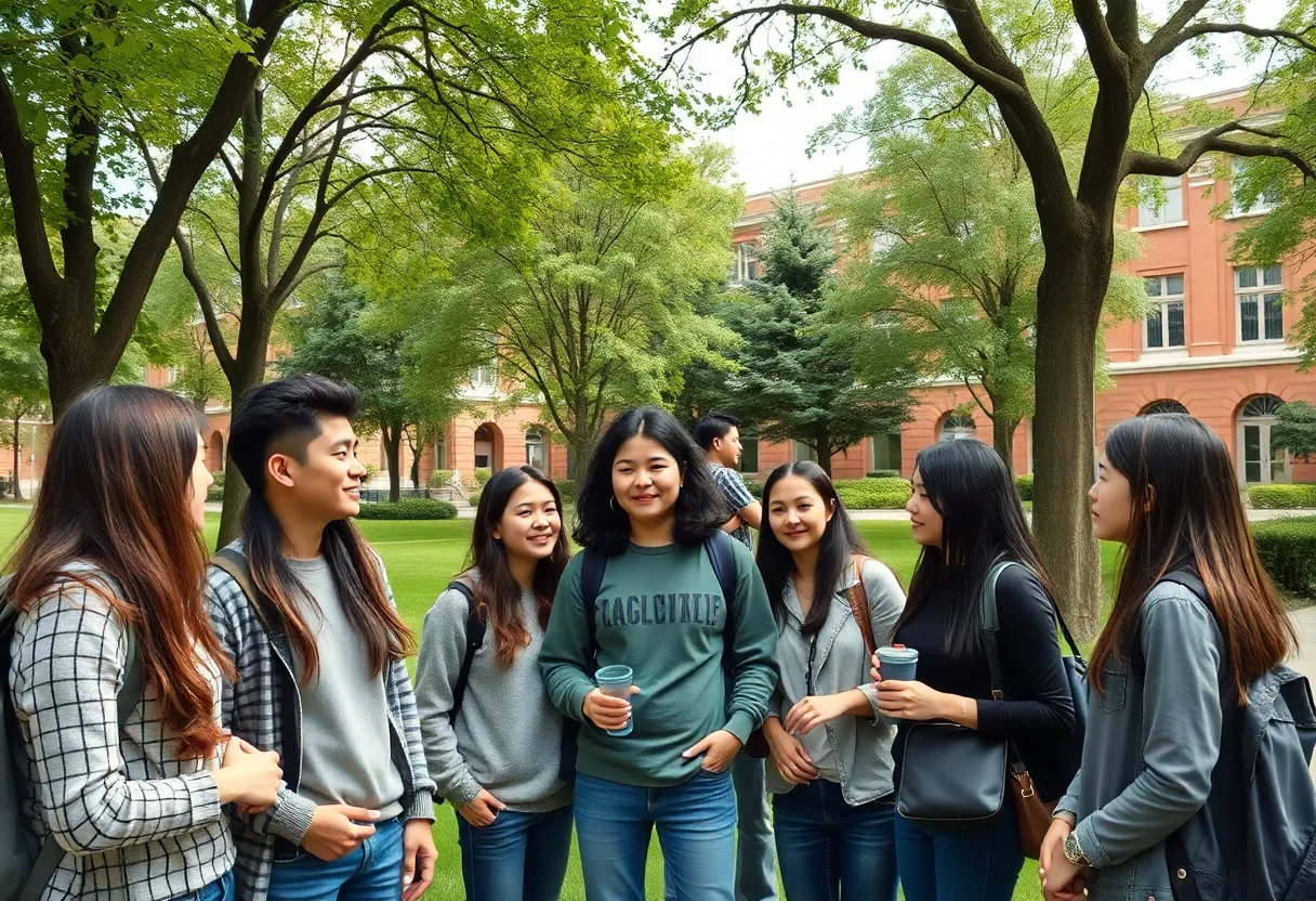 Diverse group of international students discussing on campus