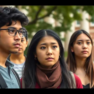 Diverse international students on campus looking worried about visa revocations.