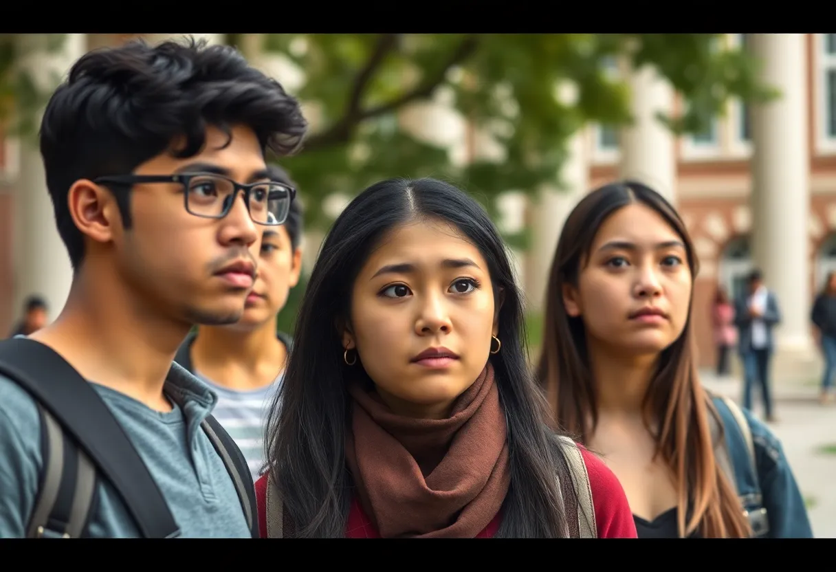 Diverse international students on campus looking worried about visa revocations.