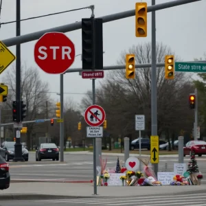 A busy intersection with pedestrian safety signs and community memorials.