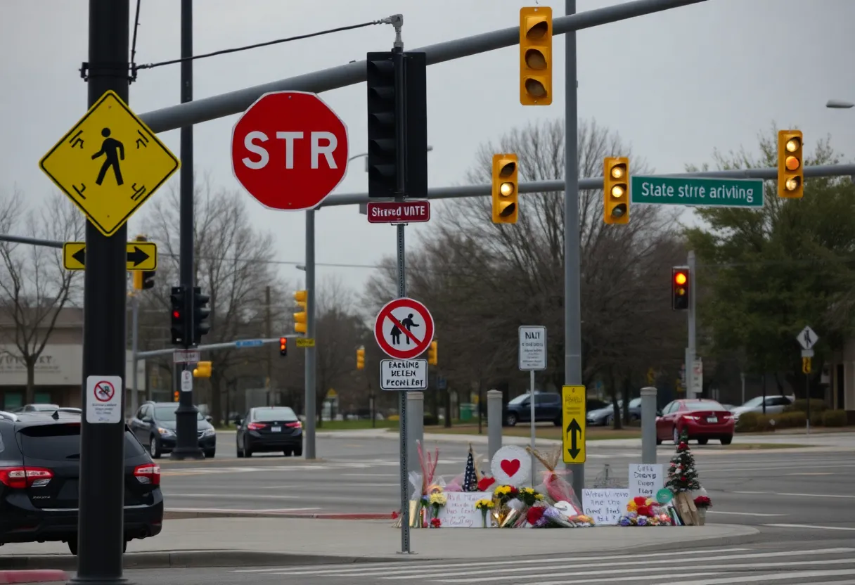 A busy intersection with pedestrian safety signs and community memorials.