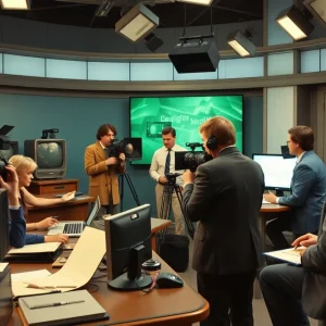 A bustling television newsroom reflecting the spirit of dedication and quality journalism.