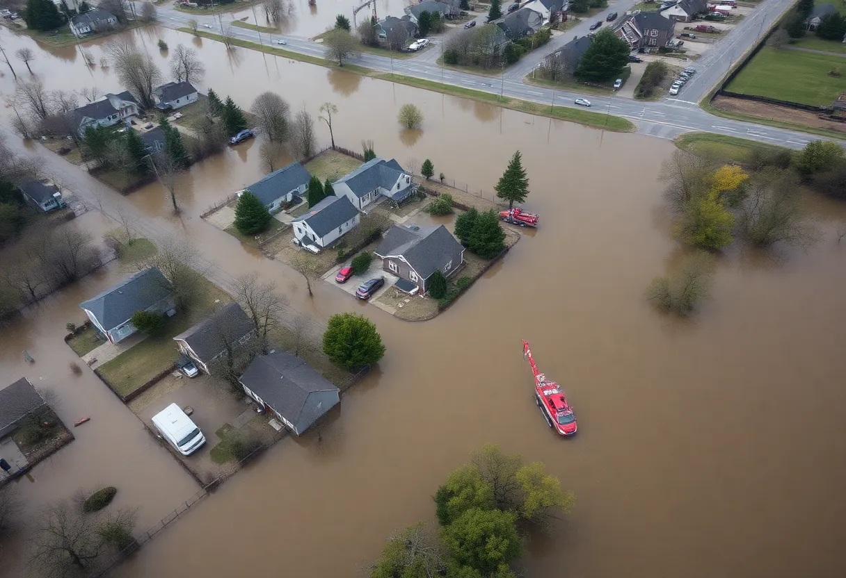 Aerial view of flooding in Kentucky with submerged homes and rescue efforts