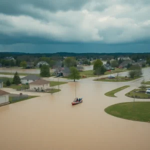 Flooded streets and homes in Kentucky with emergency responders nearby