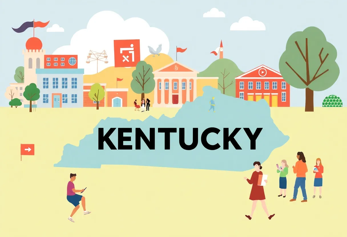 Challenges in higher education in Kentucky represented through symbolic imagery.