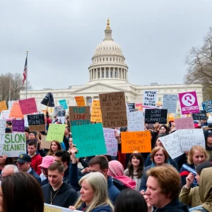 Crowd of protesters at Frankfort Capitol during a rainstorm