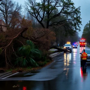 Damage from severe weather in Kentucky with uprooted trees and flooded areas
