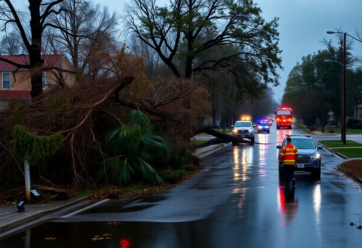 Damage from severe weather in Kentucky with uprooted trees and flooded areas