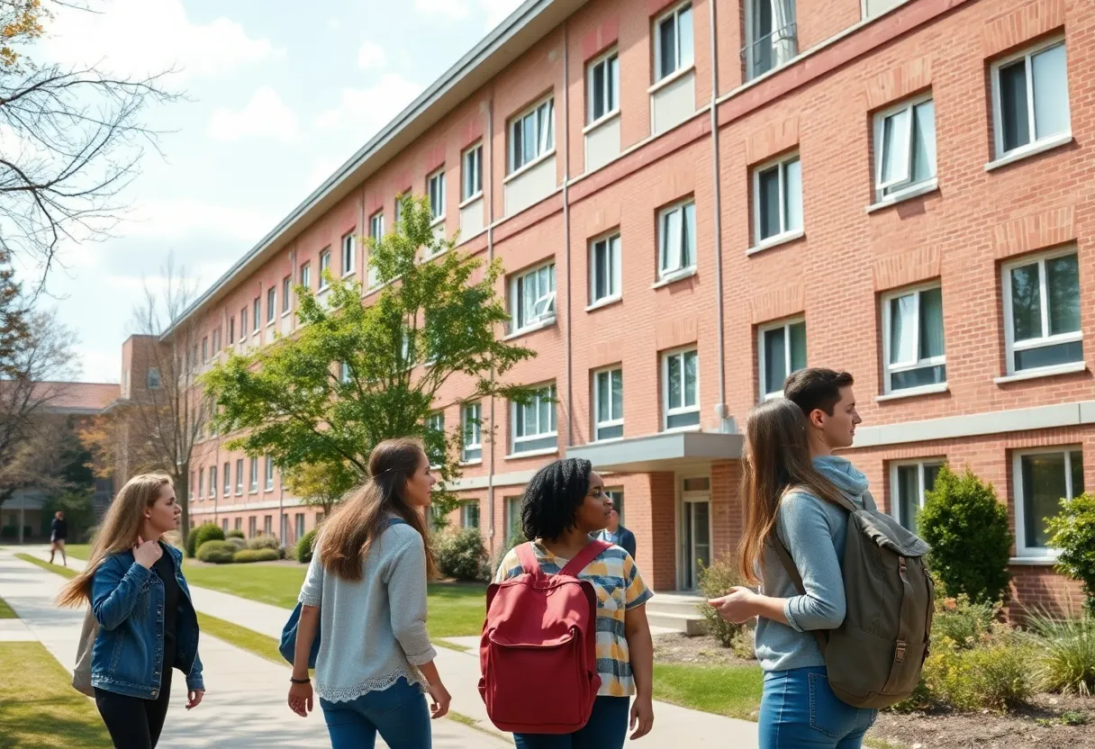Students discussing safety at a university dormitory
