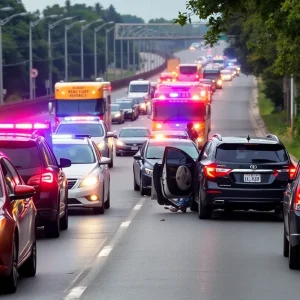 Scene of a tragic car accident in Lexington involving multiple vehicles and emergency responders.