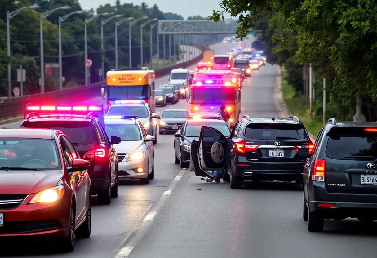 Scene of a tragic car accident in Lexington involving multiple vehicles and emergency responders.