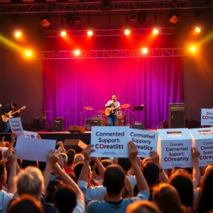 Crowd enjoying a concert at Kroger Field with donation signs