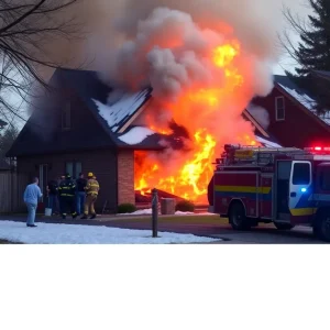 Firefighters at the scene of a house fire in Lexington, Kentucky, rescuing animals.