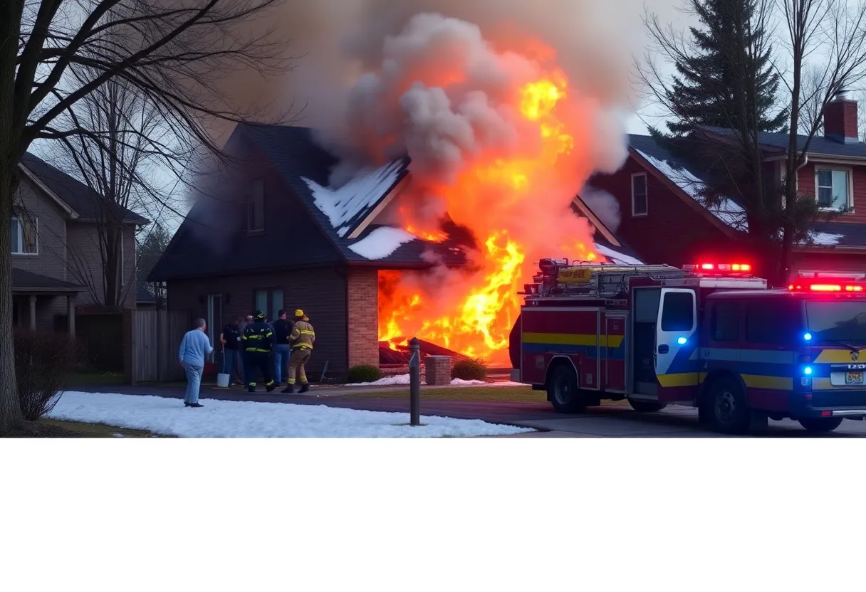 Firefighters at the scene of a house fire in Lexington, Kentucky, rescuing animals.