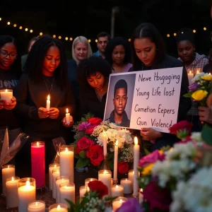 Vigil for shooting victim Arsenio Jackson Jr. with candles and flowers.