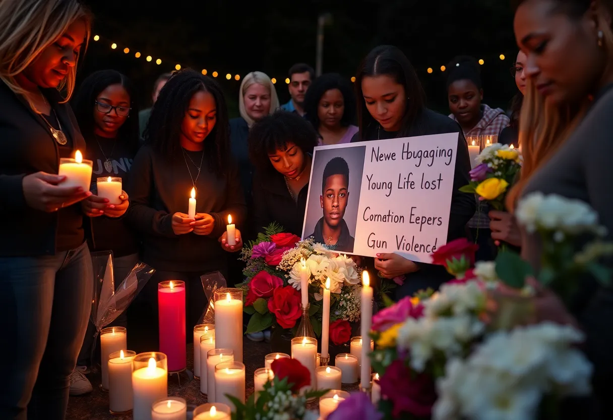 Vigil for shooting victim Arsenio Jackson Jr. with candles and flowers.