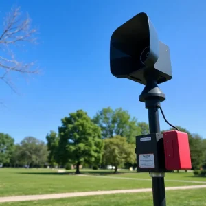 Outdoor warning siren in Lexington park during test