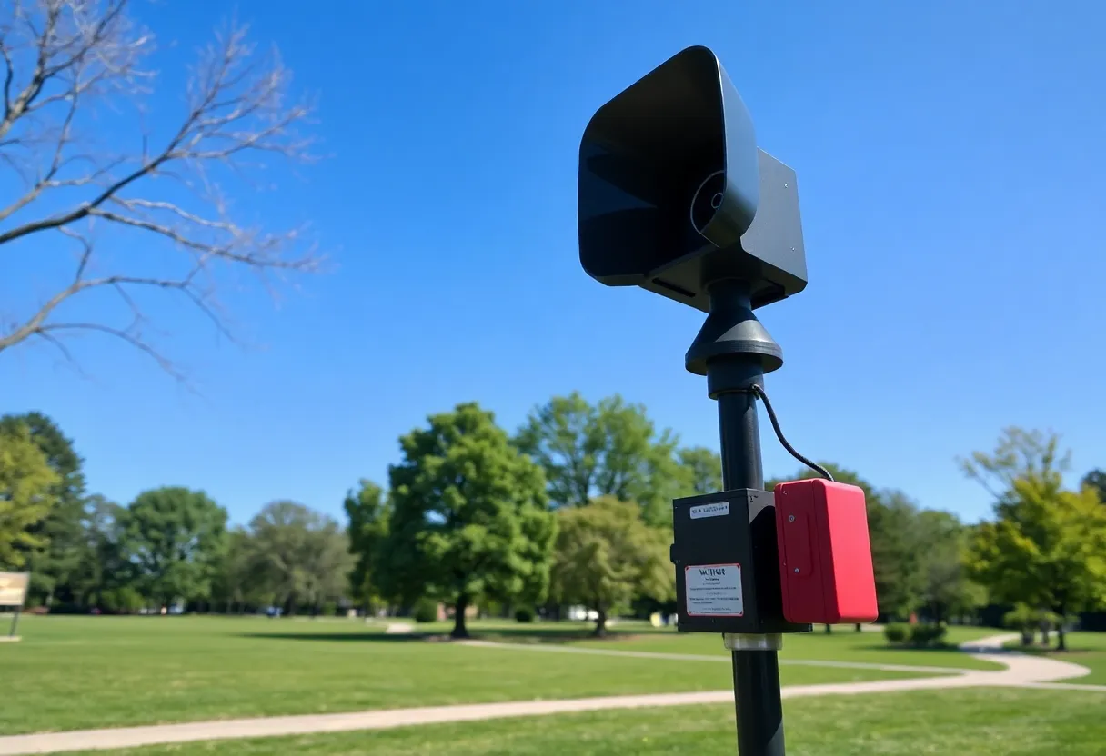 Outdoor warning siren in Lexington park during test