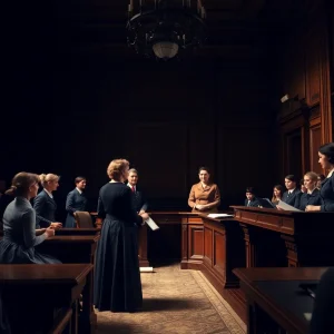 Courtroom scene depicting the trial of Madelaine Pollard and WP Breckinridge