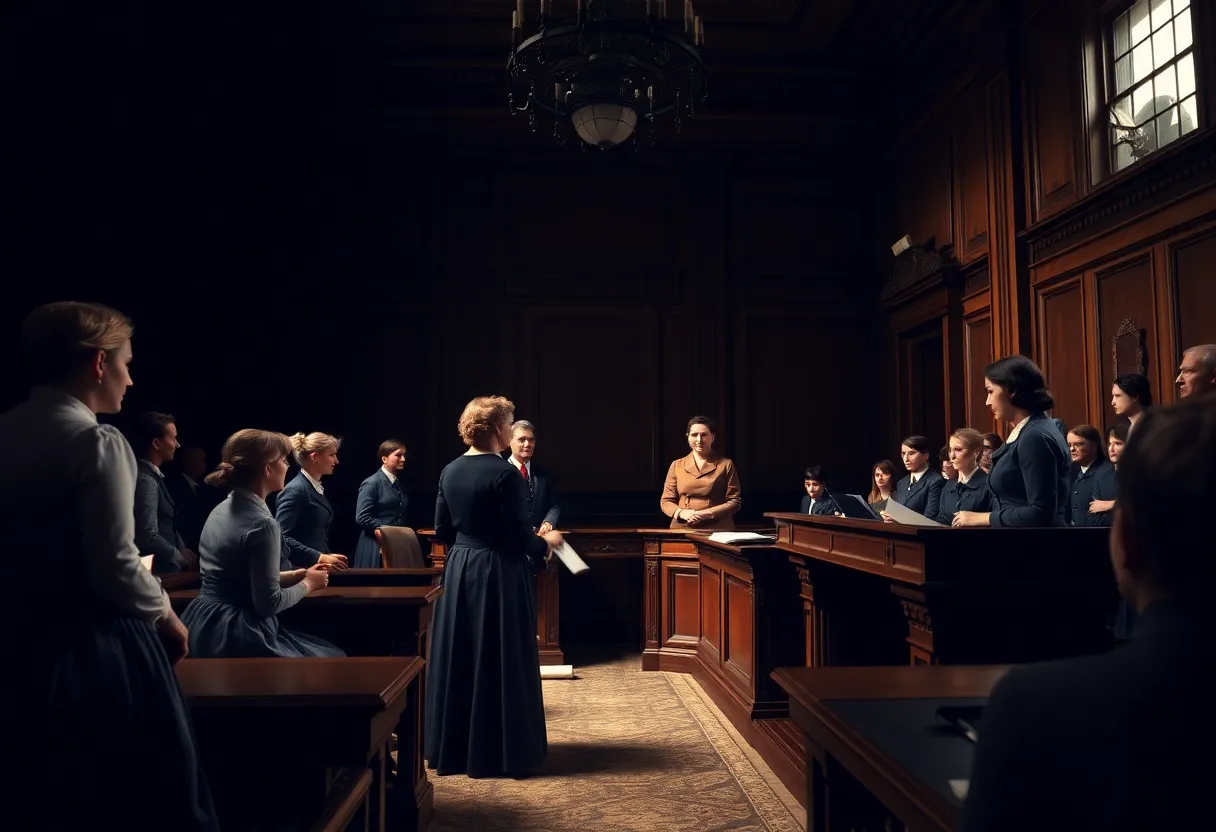 Courtroom scene depicting the trial of Madelaine Pollard and WP Breckinridge