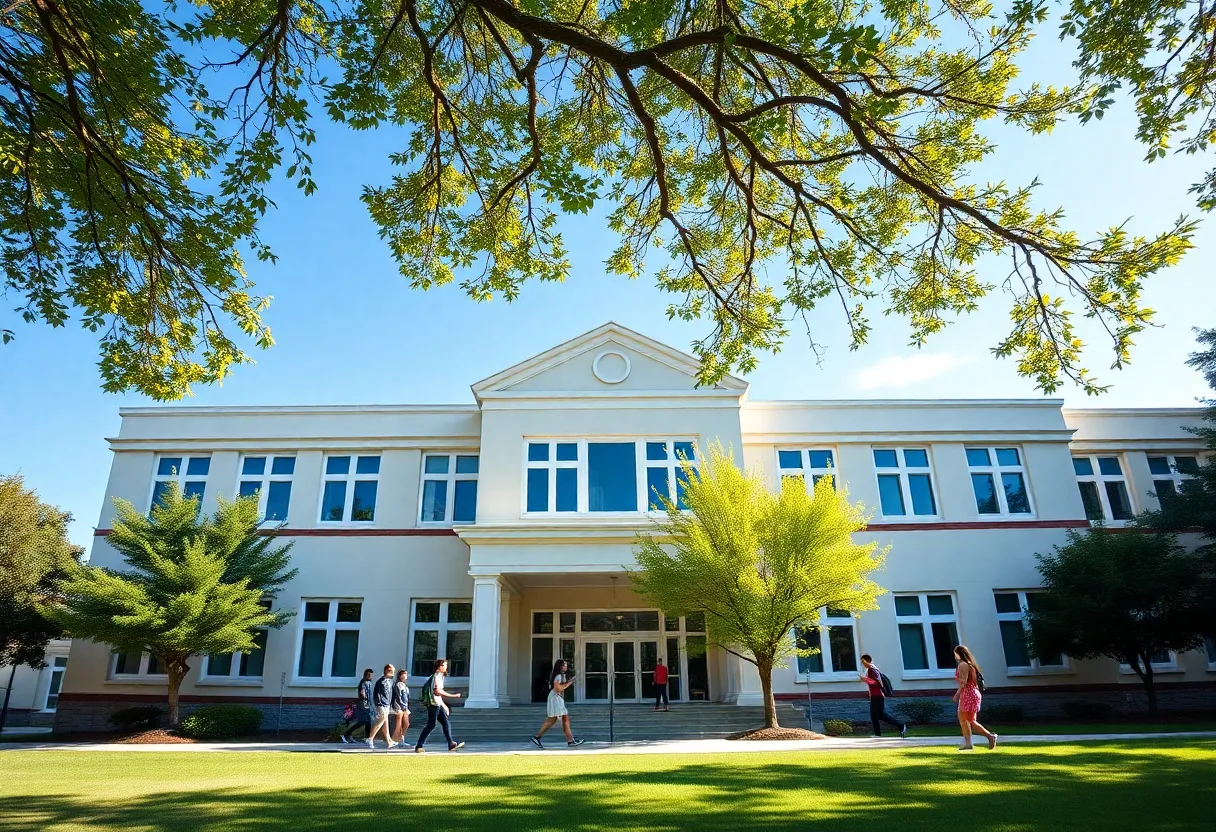 Meadowthorpe Elementary School exterior with students playing