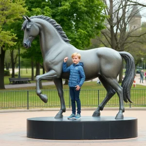 Monument symbolizing the bond between a boy and a horse in a park.